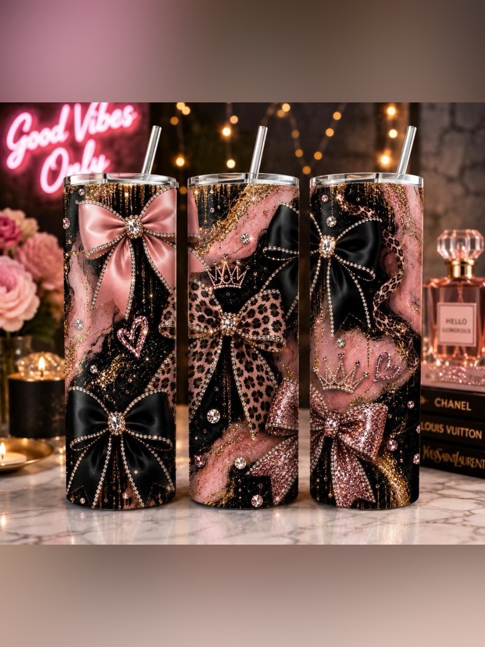 Glam Pink & Black Bow Stainless Tumbler